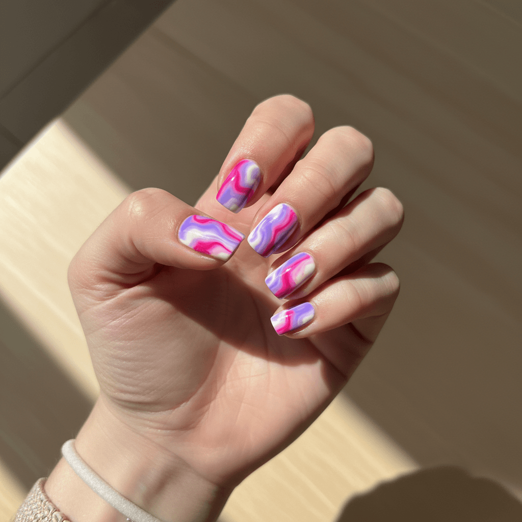 Marble swirl nail art in purple and pink tones