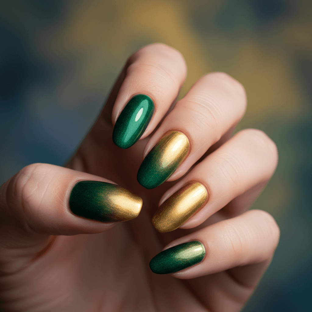 Emerald to gold ombre gradient nails created with airbrush
