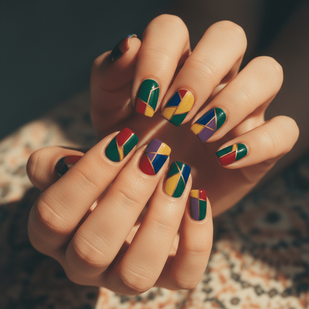 Bold geometric abstract nail art in jewel tones