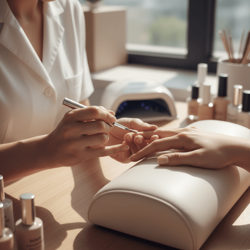 Professional holding Banana Glow nail airbrush with airbrushed nails displayed