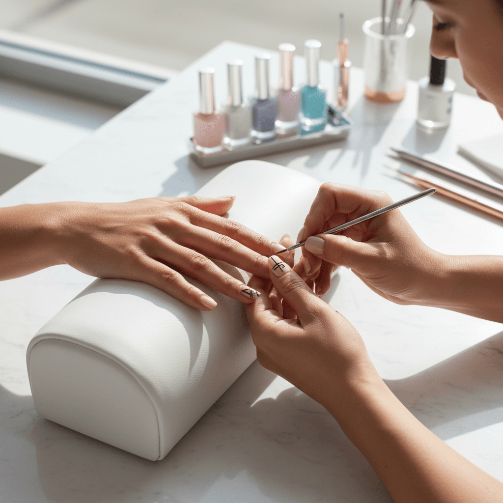 Nail artist airbrushing intricate designs