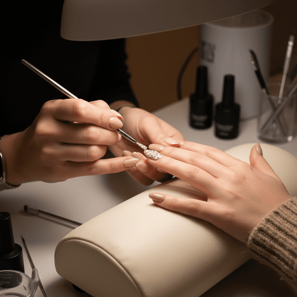 Professional nail technician creating designs with Banana Glow