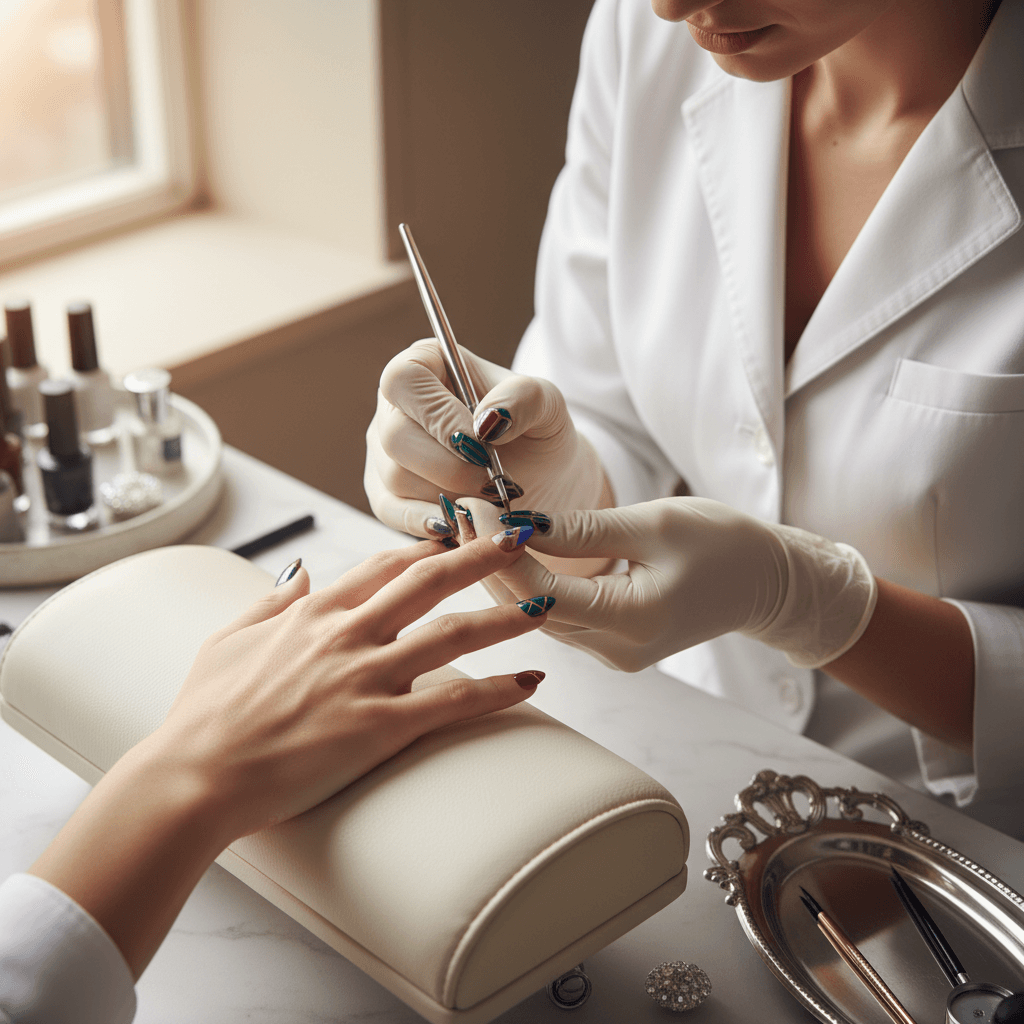 Geometric gradient nail design in navy and gold
