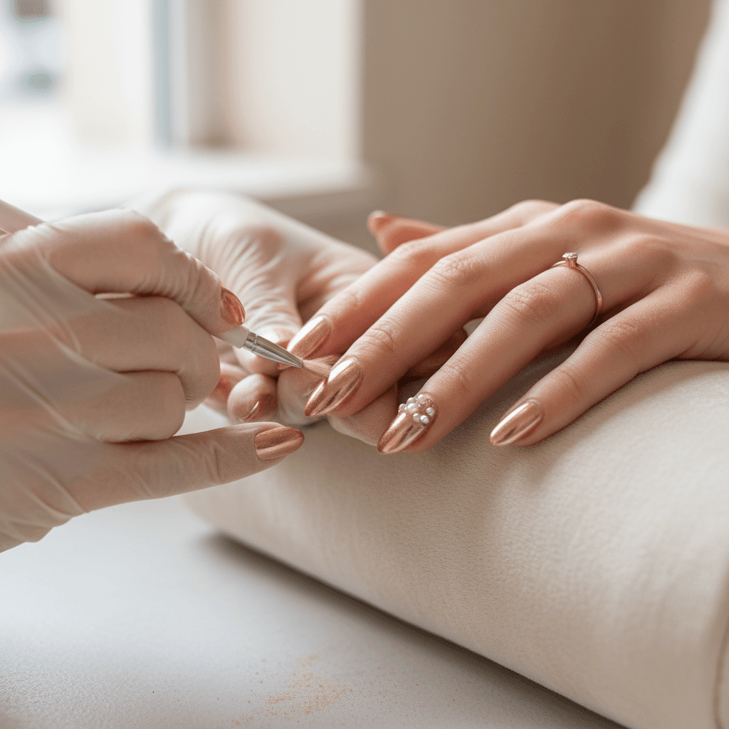 Close-up of airbrushed nails with detailed nail art design